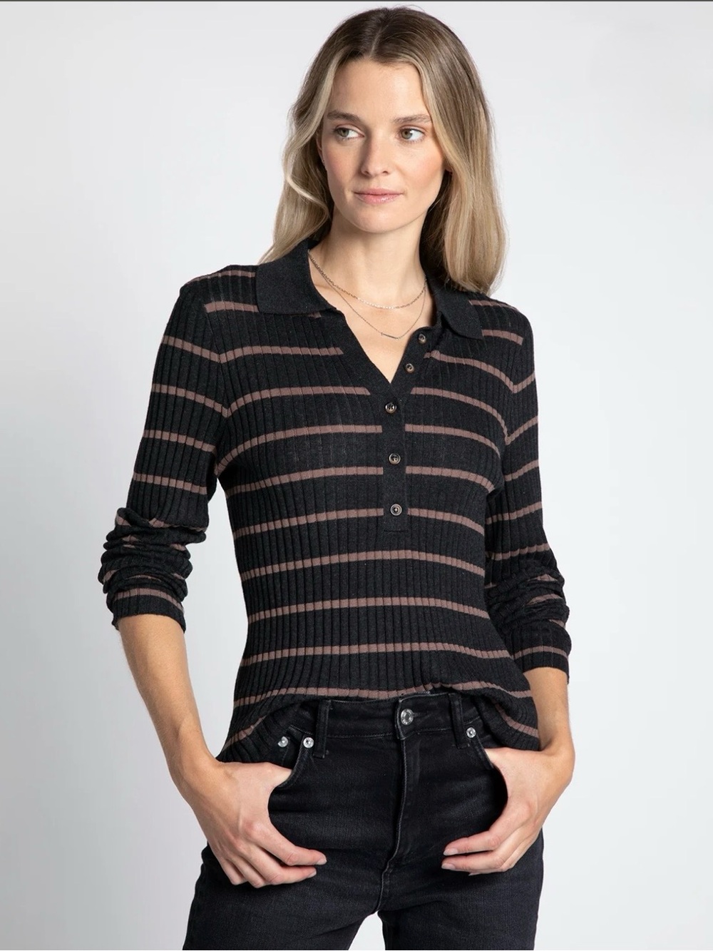 Thread & Supply Black and Mauve Striped Ribbed Knit Polo Long Sleeve